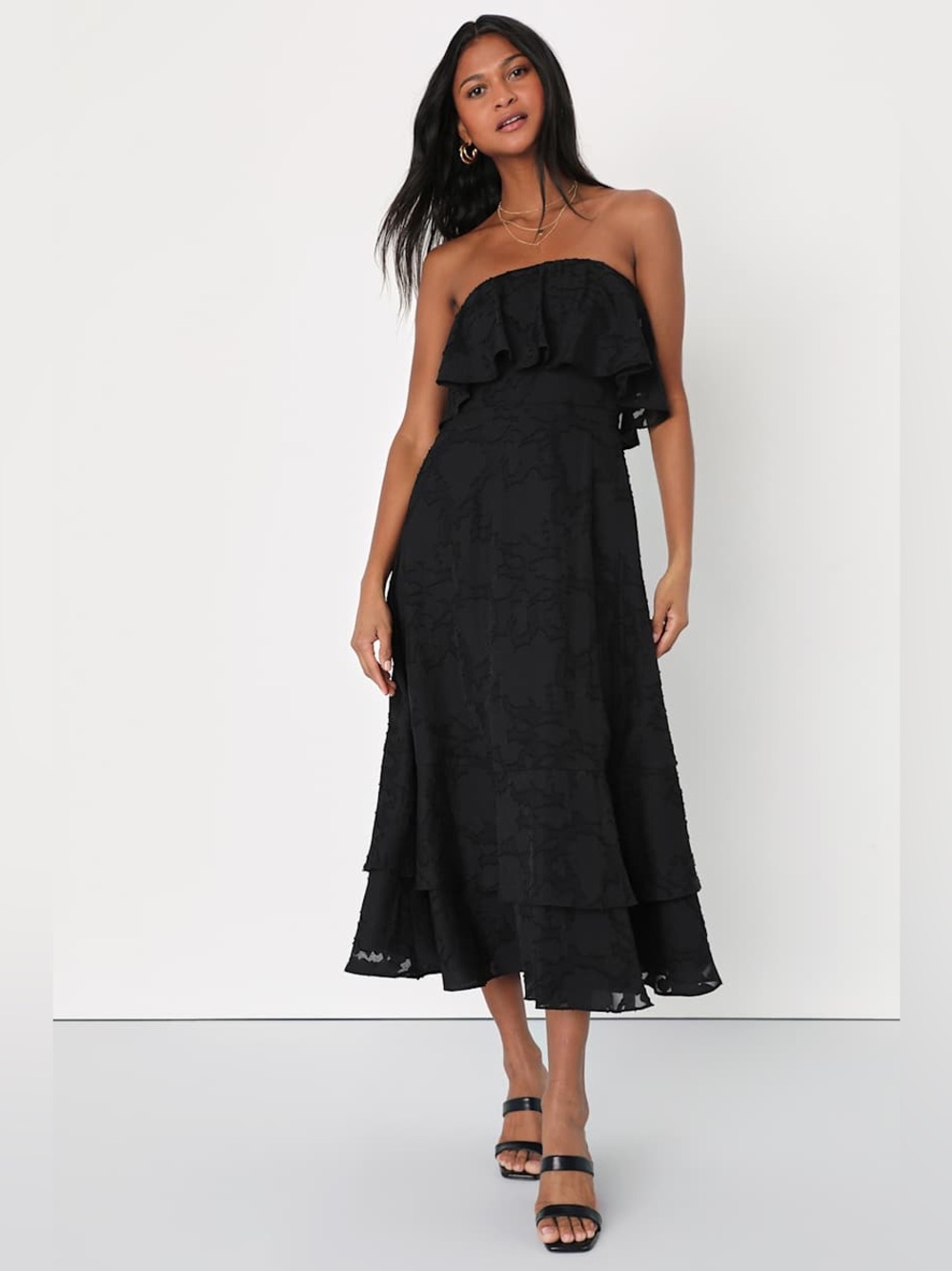 🖤 Lulu’s Love You So Truly Black Floral Strapless Midi Dress Size Large NWT 🖤